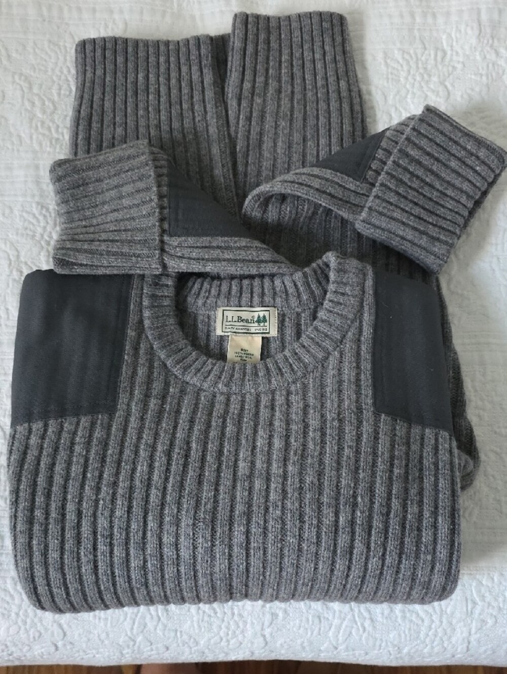 L.L. Bean Men's Gray Ribbed Wool Crewneck with Black Shoulder Patches - Picture 2 of 4